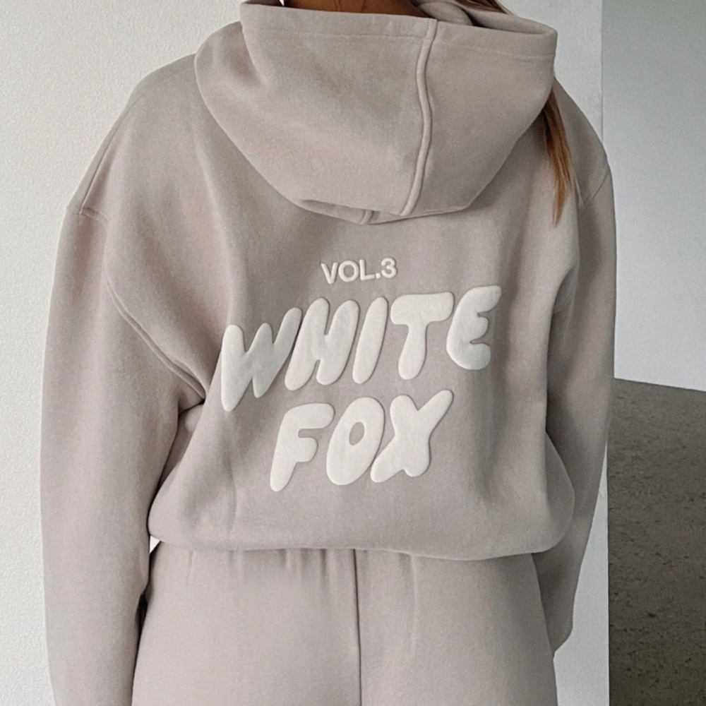 White Fox Boutique Cream Hoodie with White Lettering